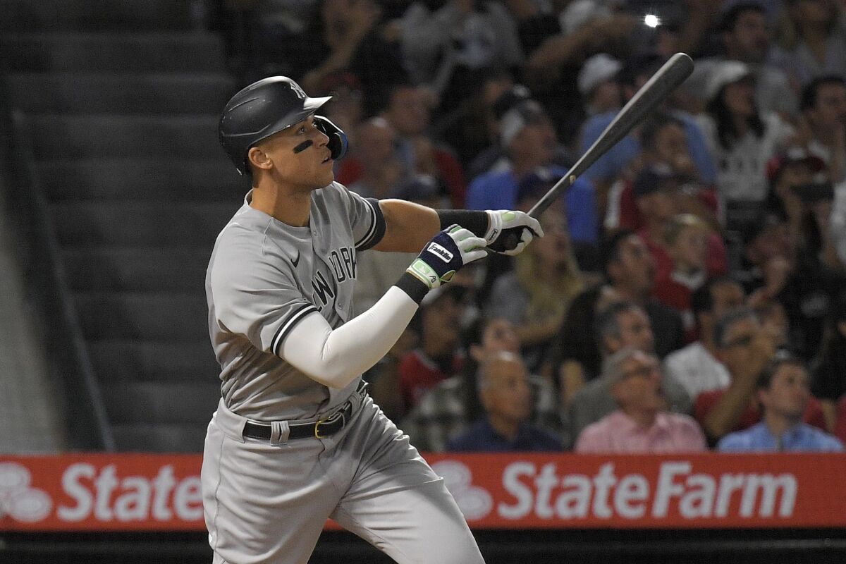 Aaron Judge hits a solo home run against the Angels on Aug. 29.