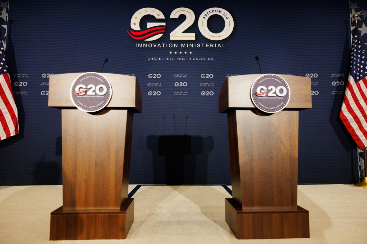 Podiums at a G-20 meeting.