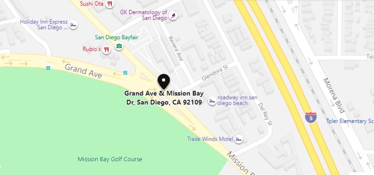 A pedestrian was seriously injured when hit by an SUV on Grand Avenue west of Mission Bay Drive in Pacific Beach.