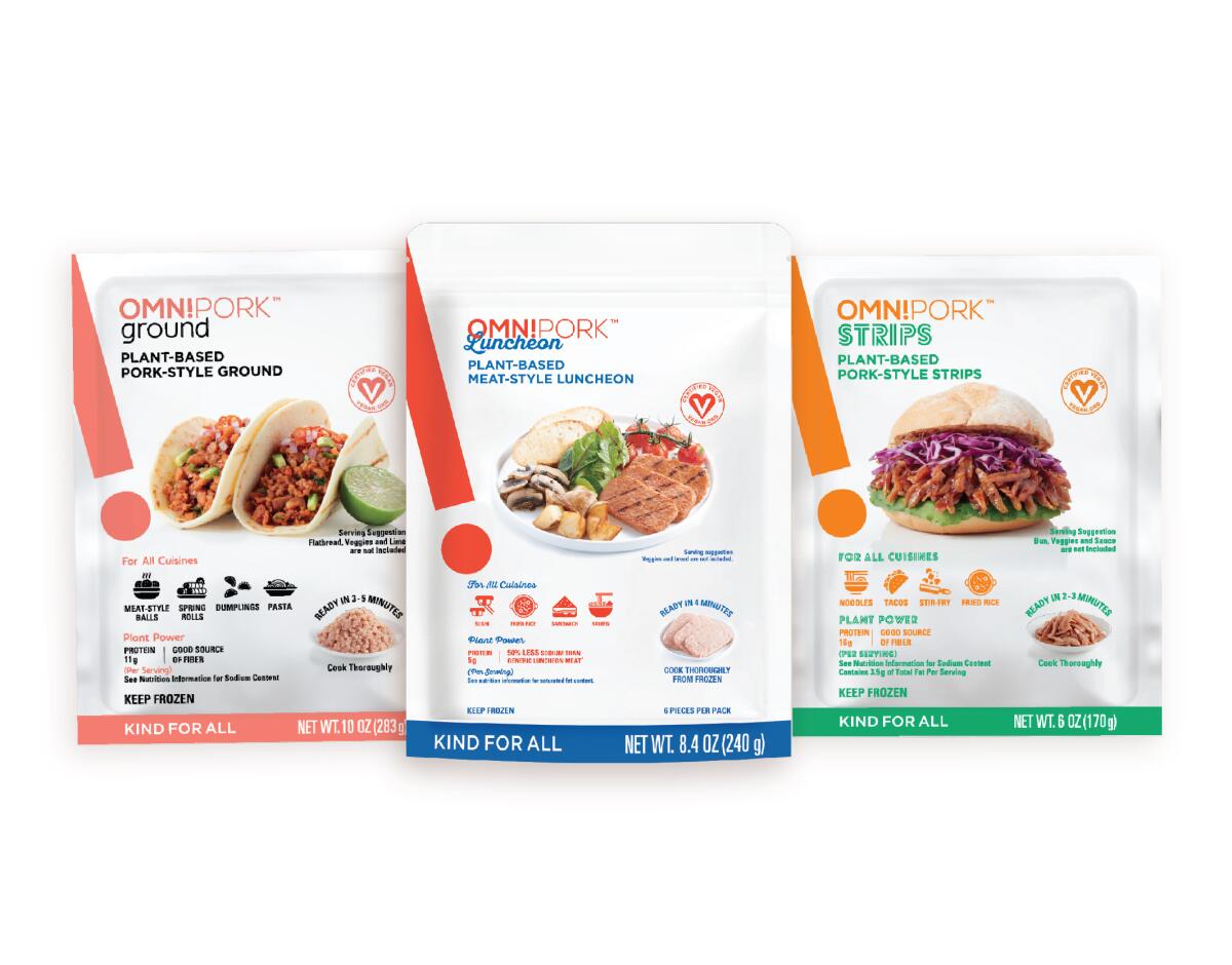 Three packages of plant-based meats.