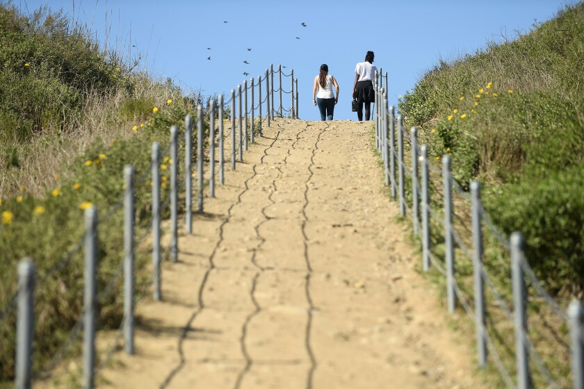 LOS ANGELES, CALIFORNIA MARCH 8, 2021-Hikers walk a trail on the Park to Playa Trail in Culver City. (Wally Skalij/Los Angeles Times)