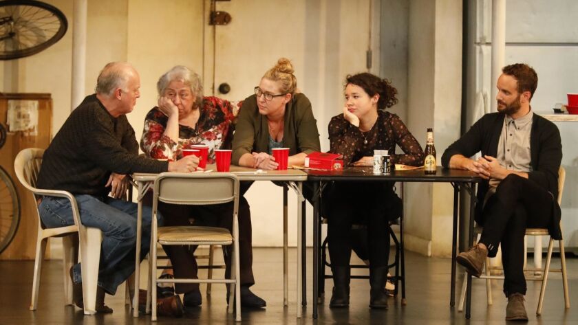 The touring production of Stephen Karam's "The Humans" now at the Ahmanson features much of the Broadway cast including, from left, Tony winners Reed Birney and Jayne Houdyshell, plus Cassie Beck, Sarah Steele and the lone new face, Nick Mills.