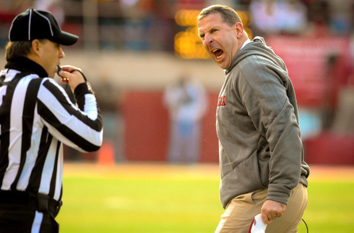 Nebraska Coach Bo Pelini reacts to a call during the Cornhuskers' game against Iowa on Friday afternoon.