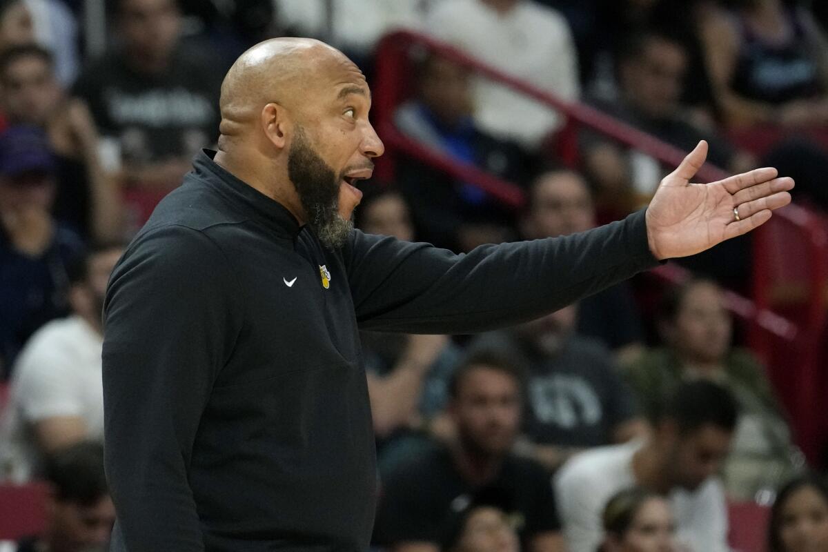Coach Darvin Ham got one of the Lakers' four technical fouls Monday night against the Miami Heat.