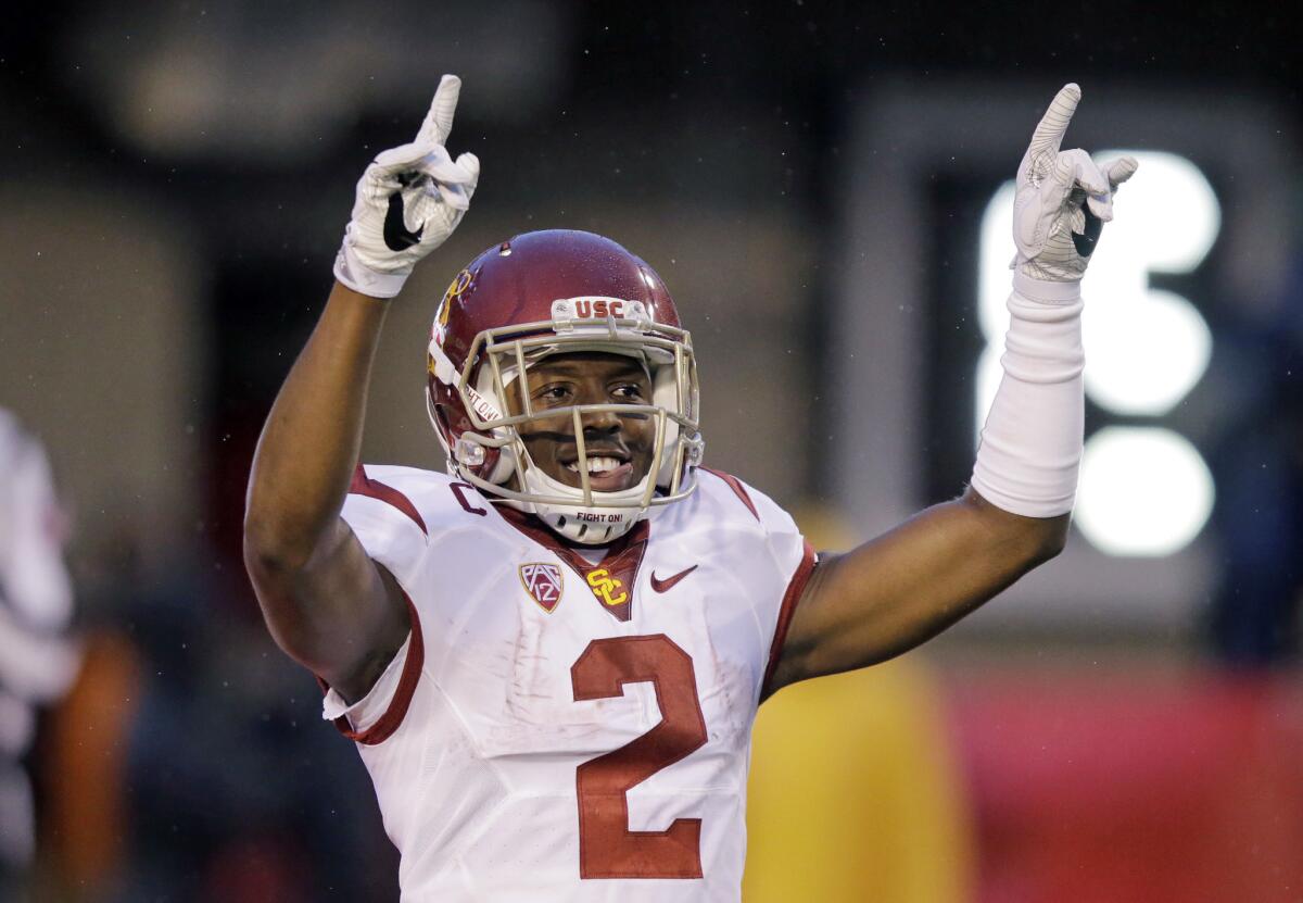 USC defensive back Adoree' Jackson celebrates as he walks on the field in the first half.