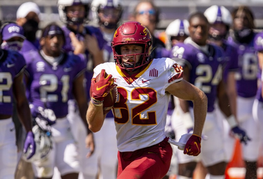 FILE - Iowa State wide receiver Landen Akers (82) carries the ball during an NCAA college football game against TCU in Fort Worth, Texas, in this Saturday, Sept. 26, 2020, file photo. The Cyclones occupied the spot next to Kansas at the bottom of the Big 12 when the 23-year-old wide receiver from Cedar Rapids, Iowa, arrived in Ames. Now the Cyclones (7-2, 7-1) are alone in first place heading into Saturday's game against West Virginia (5-3, 4-3).(AP Photo/Brandon Wade, File)