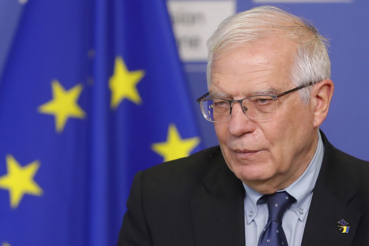FILE - European Union foreign policy chief Josep Borrell speaks during a press statement at EU headquarters in Brussels, Sunday, Feb. 27, 2022. Borrell said Friday, March 11, 2022, that “a pause” was needed in ongoing talks over Iran's tattered nuclear deal with world powers, blaming “external factors” for the delay. (Stephanie Lecocq,Pool Photo via AP, File)
