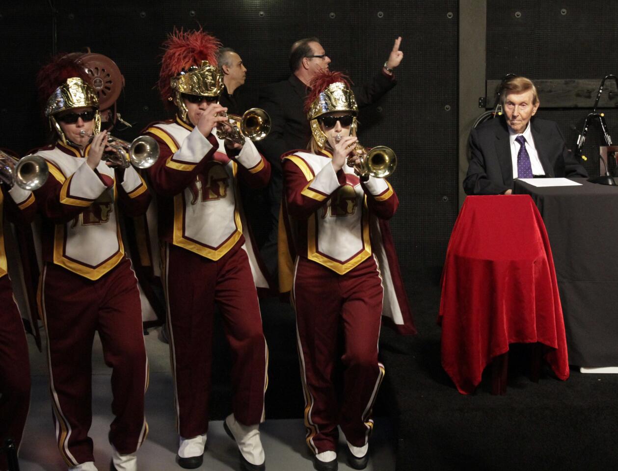 USC marching band members and Sumner Redstone