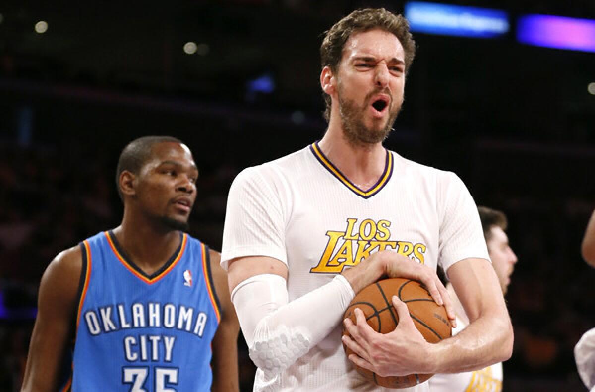 Pau Gasol reacts after a foul was called against a Lakers teammate during a game this month against the Thunder.