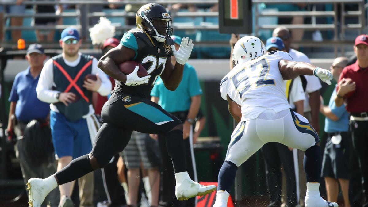 Denzel Perryman and the Chargers' defense hold Leonard Fournette of the Jacksonville Jaguars to 33 yards in 17 carries Sunday.