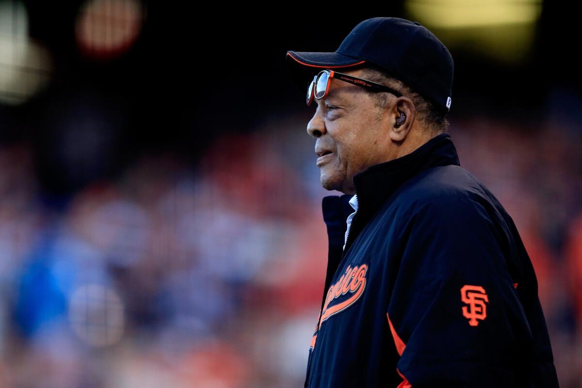 Hall of Famer Willie Mays is seen on the field before Game 3 of the World Series between the Giants and the Royals on Friday at AT&T Park in San Francisco.