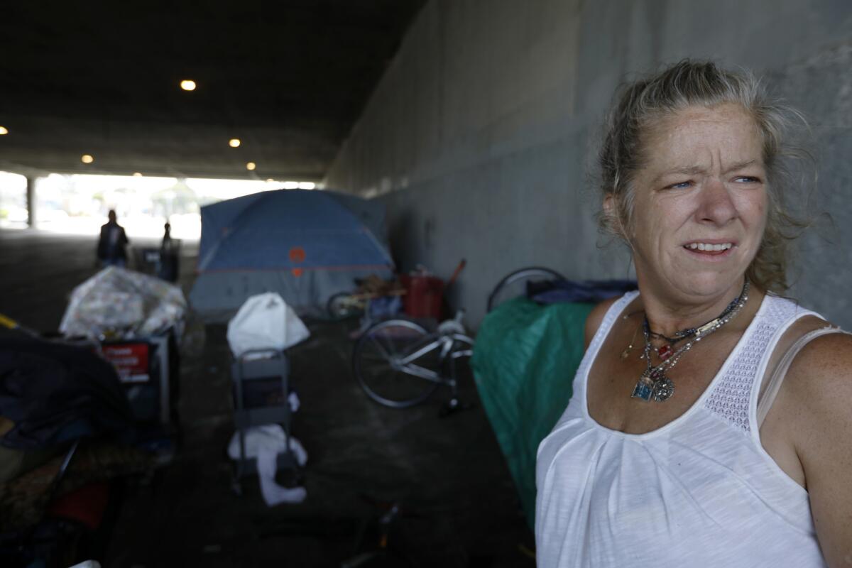 Candy Johnson, 47, stands amid tents on a sidewalk on the Los Angeles-Culver City line at Venice Boulevard, where some homeless people say Culver City police have told them to move to the L.A. side of the street.