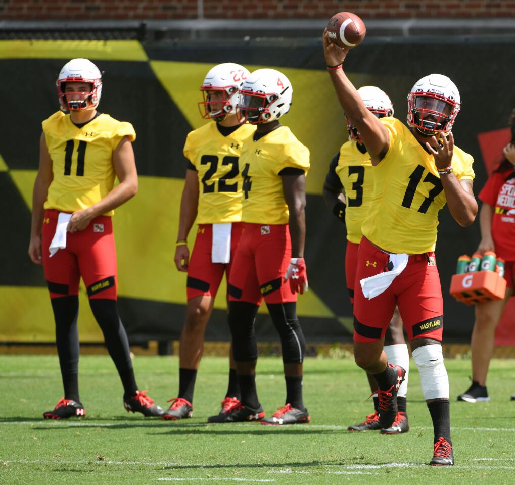Josh Jackson, University of Maryland QB, during a passing drill at the Terps training camp on media day.