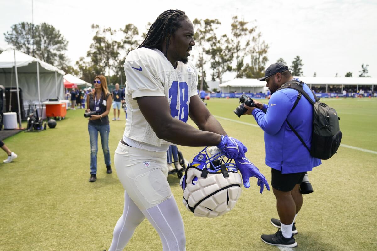 Rams linebacker Chris Garrett at the team's practice facility in Irvine on July 29, 2022.