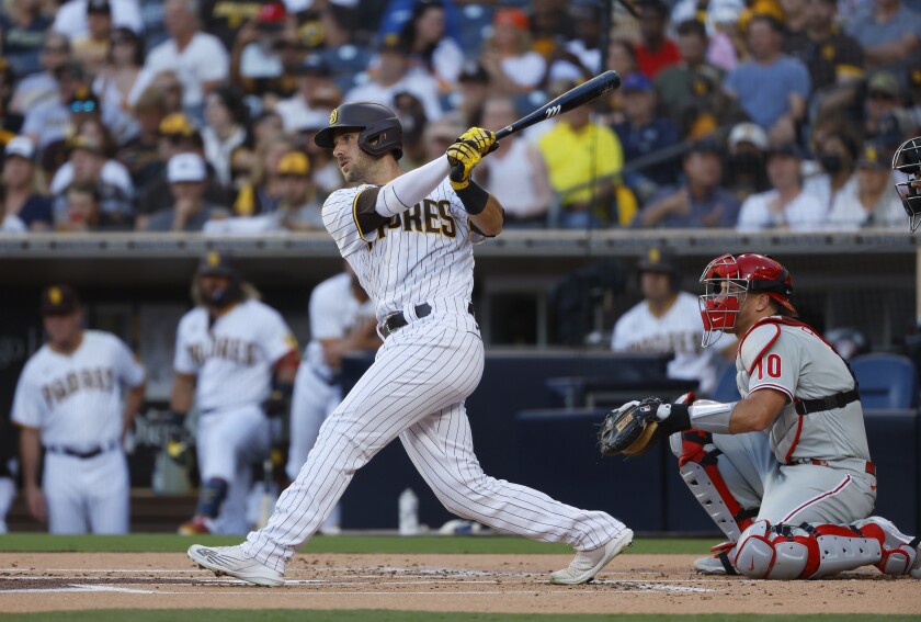The Padres' Austin Nola singles in the first inning of Thursday's loss to the Phillies at Petco Park.