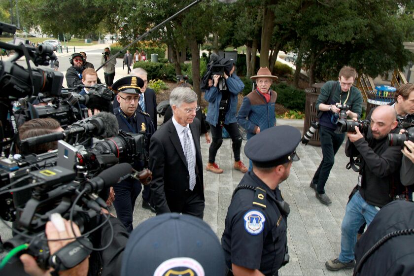 WASHINGTON, D.C.,OCTOBER 22, 2019— William Taylor, the top U.S. diplomat to Ukraine who called it "crazy" that the United States would condition the release of security assistance to Ukraine on opening an investigation into Democrats, arrived at the Capitol to testify Tuesday Oct. 22, behind closed doors in the House impeachment inquiry. Taylor's testimony comes as a growing number of Republicans in Congress struggle to defend the president's actions over Ukraine and Syria. (kirk D. McKoy / Los Angeles Times)