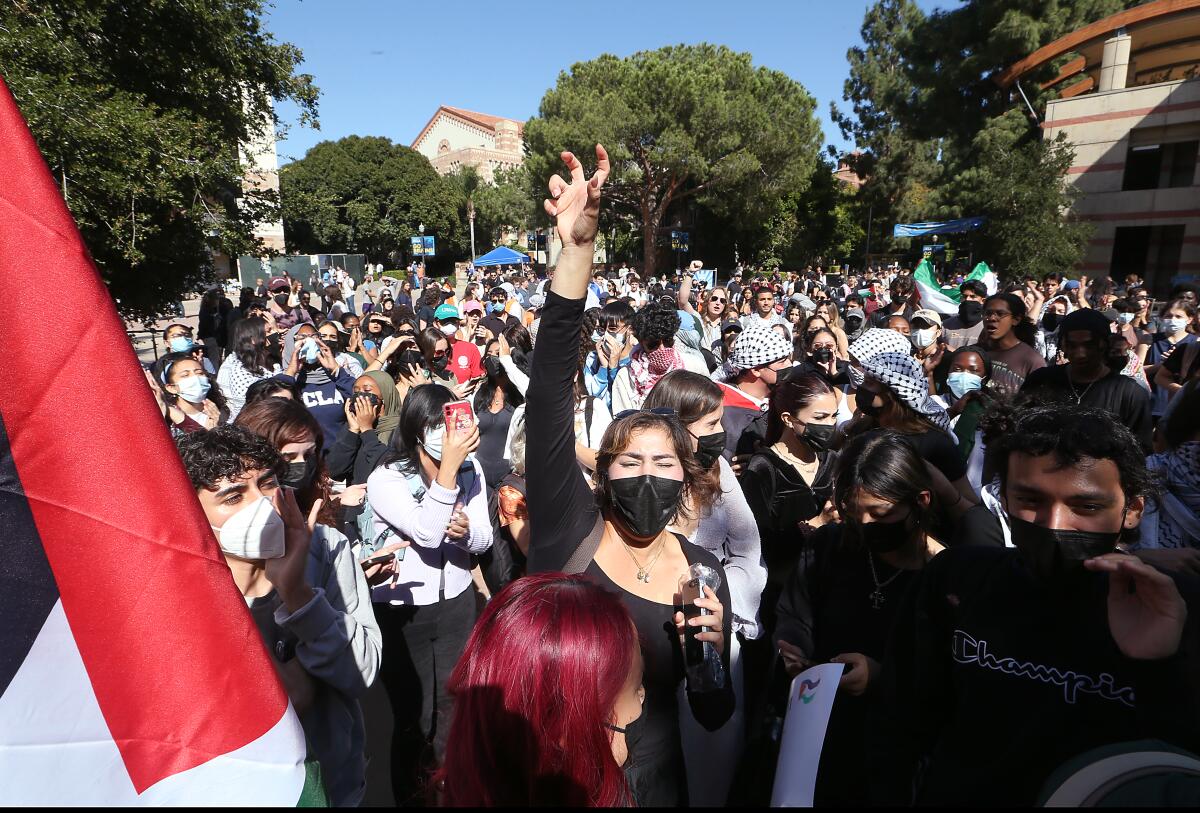 Students rally on Oct. 12 on the UCLA campus in support of Palestinians caught up in the war in the Gaza Strip.