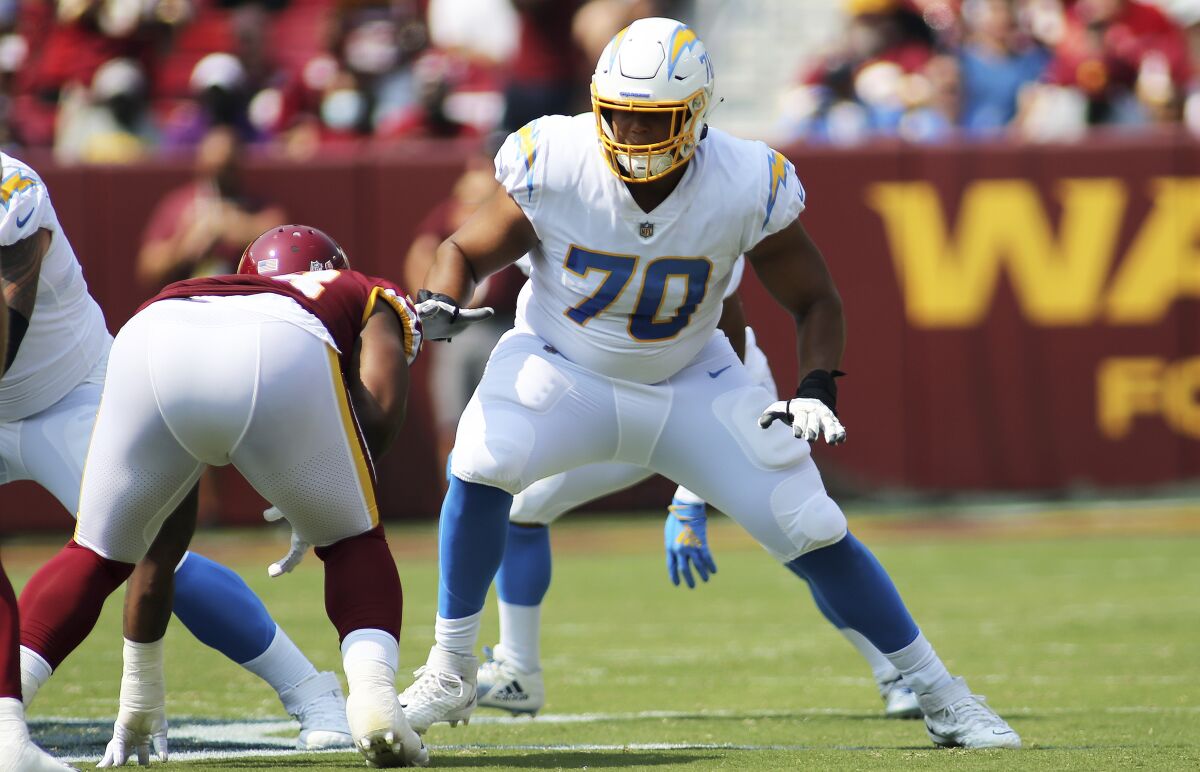 Chargers coaches gave rookie offensive tackle Rashawn Slater high marks for his blocking against Washington.