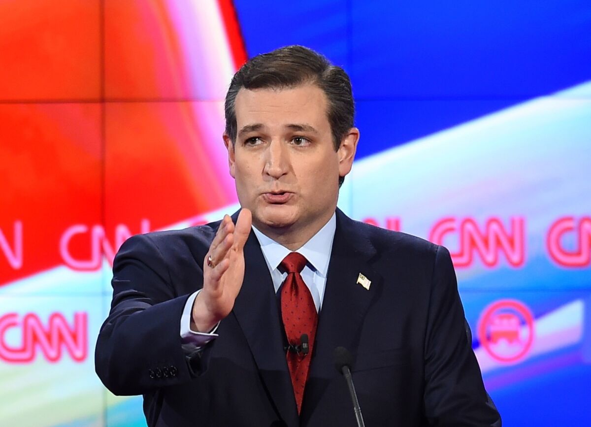 Texas Sen. Ted Cruz gestures during the Republican presidential debate in Las Vegas.