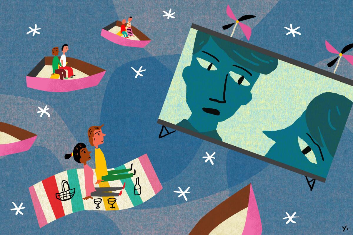 Illustration of couples watching a movie in the sky while sitting on a picnic blanket and boats