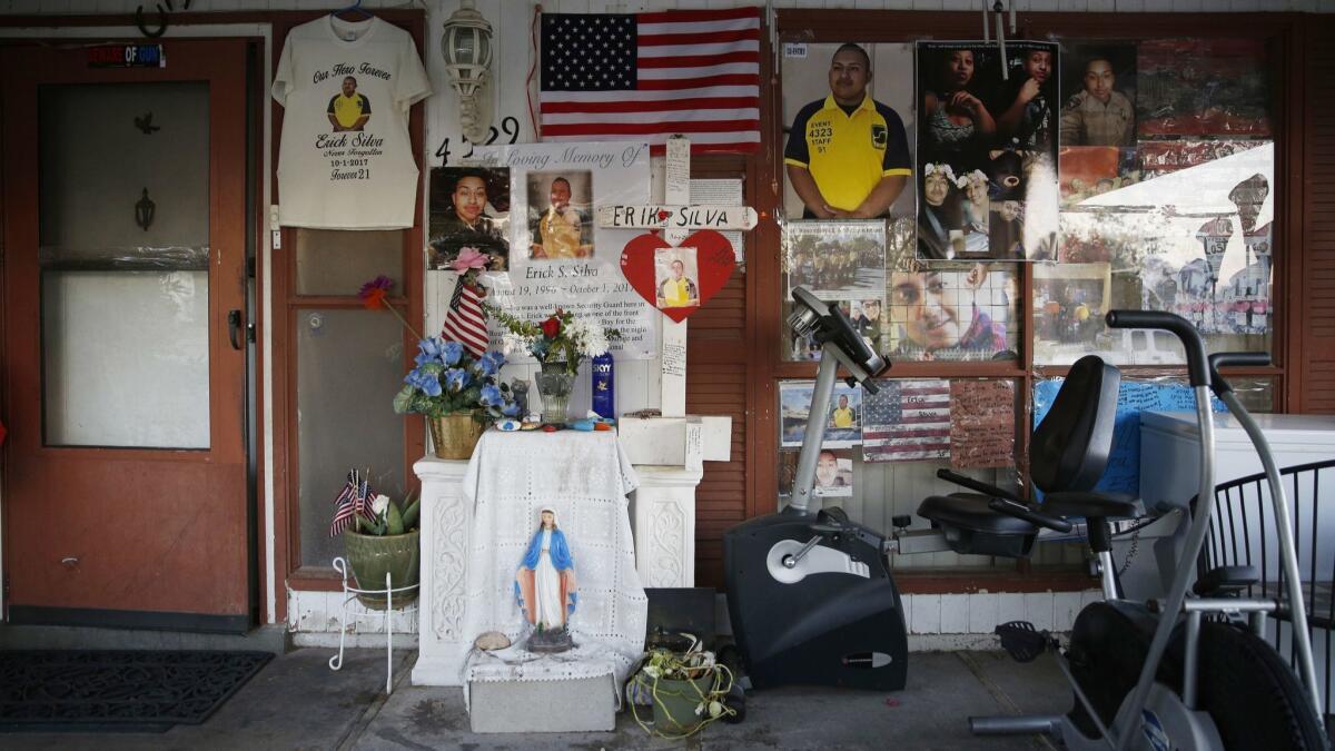 A makeshift memorial to Erick Silva is on display in front of his parent's home in Las Vegas on Sept. 19, 2018.