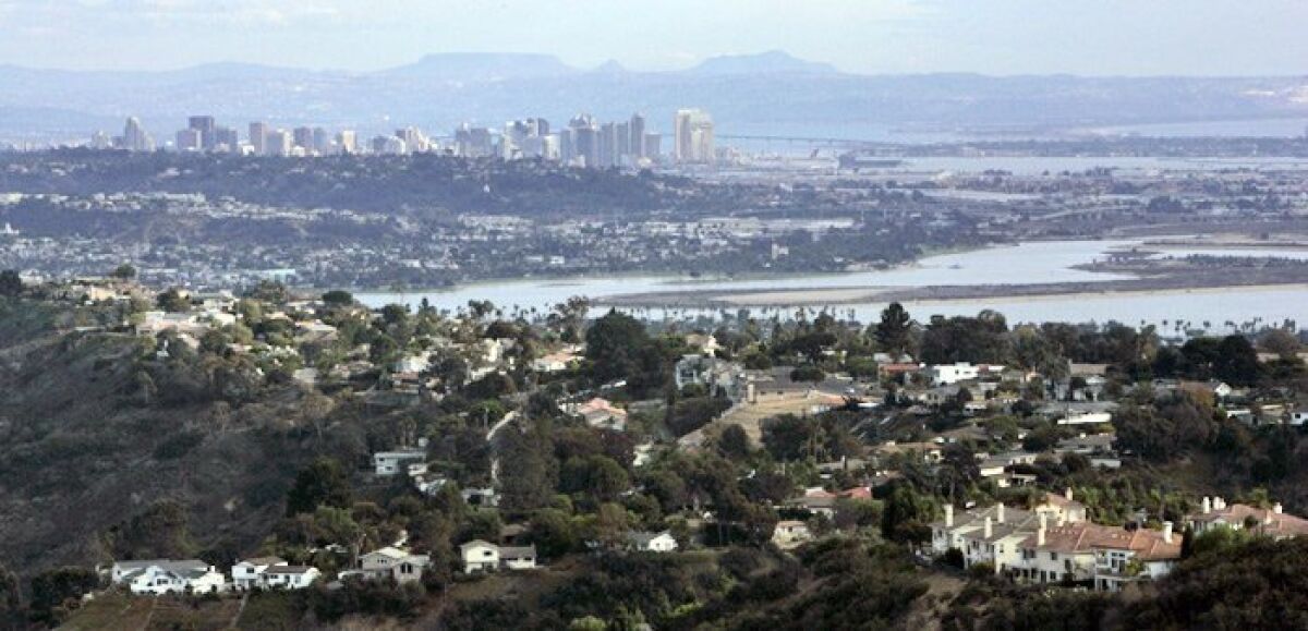 The vista looking south toward Mission Bay, downtown and San Diego Bay from Mount Soledad.