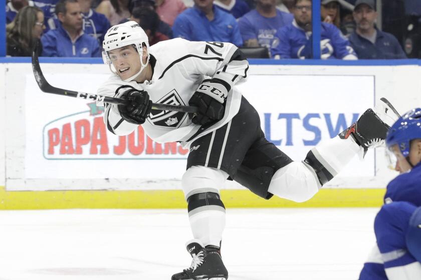 Los Angeles Kings left wing Jonny Brodzinski (76) during the first period of an NHL hockey game Monday, Feb. 25, 2019, in Tampa, Fla. (AP Photo/Chris O'Meara)