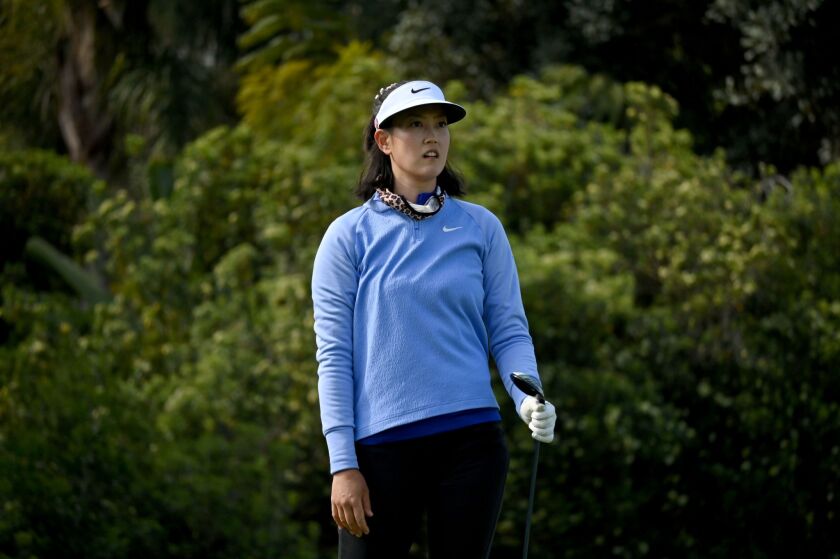 Michelle Wie West tees off on the second hole in the second round of the KIA Classic on March 26, 2021, in Carlsbad, Calif.