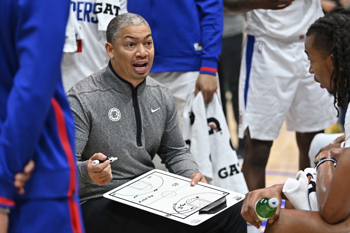 Clippers coach Tyronn Lue gives instructions during the second quarter on September 30, 2022 in Seattle.