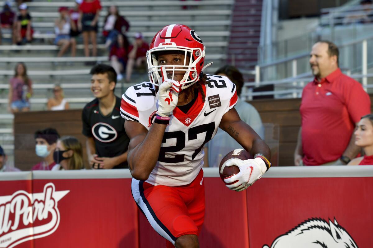 Georgia defensive back Eric Stokes returns an interception.