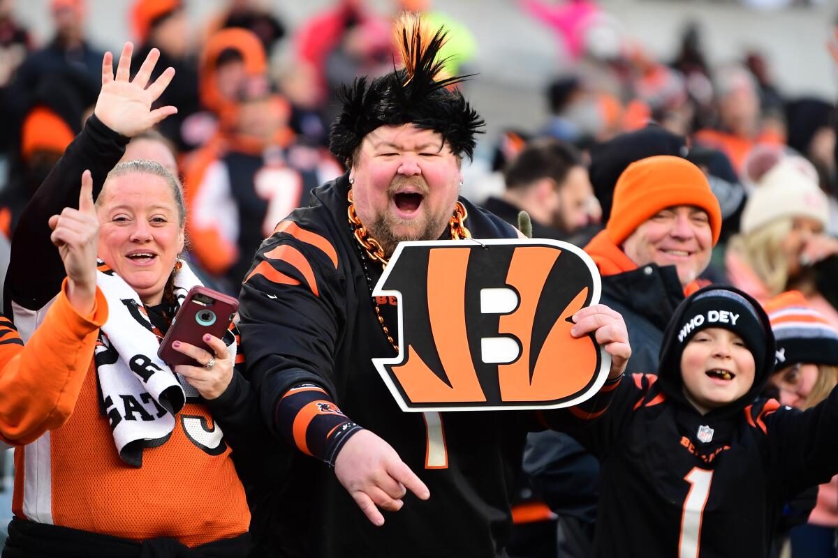 Cincinnati Bengals fans cheer during a Fan Rally ahead of Super Bowl LVI in Cincinnati, Ohio.