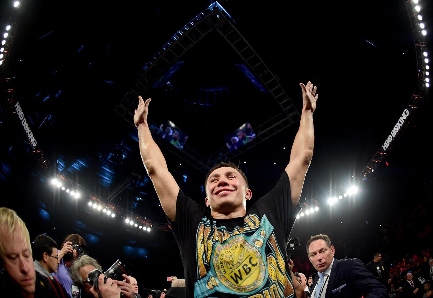 INGLEWOOD, CA - APRIL 23: Gennady Golovkin of Kazakhstan celebrates a second round TKO of Dominic Wade during his unified middleweight title fight at The Forum on April 23, 2016 in Inglewood, California. (Photo by Harry How/Getty Images) ** OUTS - ELSENT, FPG, CM - OUTS * NM, PH, VA if sourced by CT, LA or MoD **