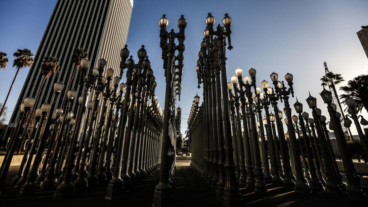 The "Urban Light" installation at the Los Angeles County Museum of Art. The museum was closed Friday while police were investigating a threat at the Wilshire Boulevard campus.