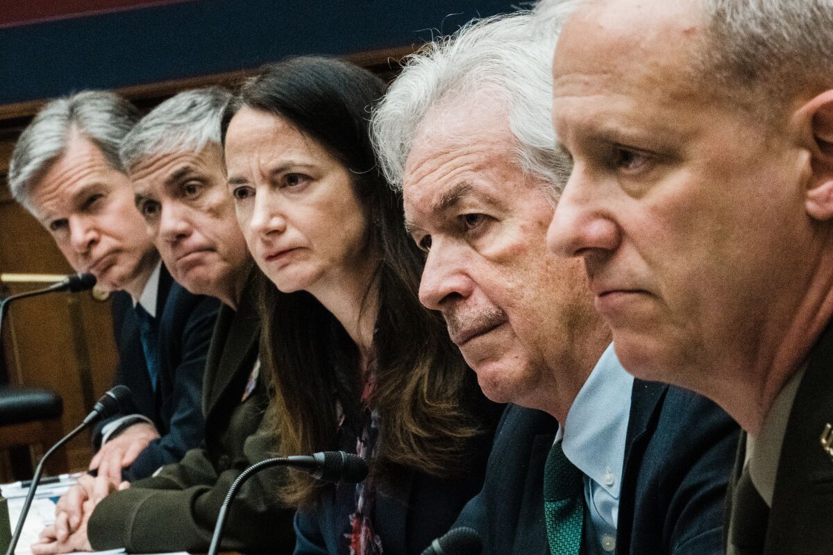 Top intelligence and law enforcement leaders testify before the House Intelligence Committee March 8.