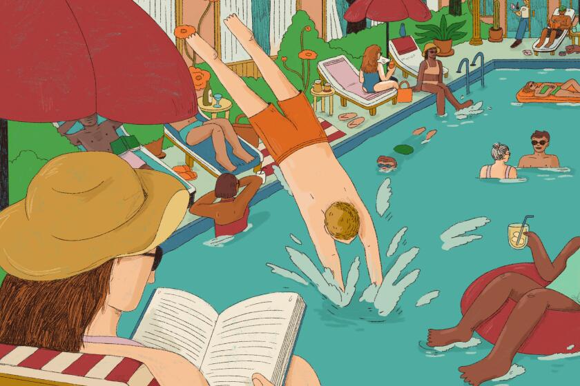 illustrated scene of people swimming and sunbathing around a hotel pool
