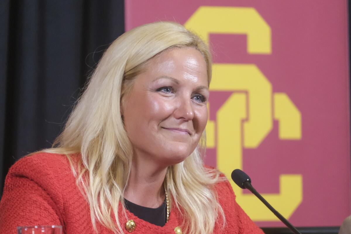 USC athletic director Jennifer Cohen speaks at her introductory news conference on Aug. 21.