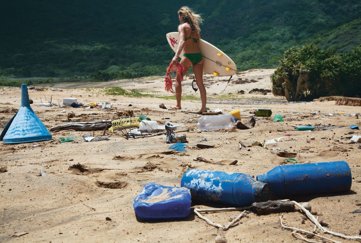 Plastic pollution on a remote beach in French Polynesia.