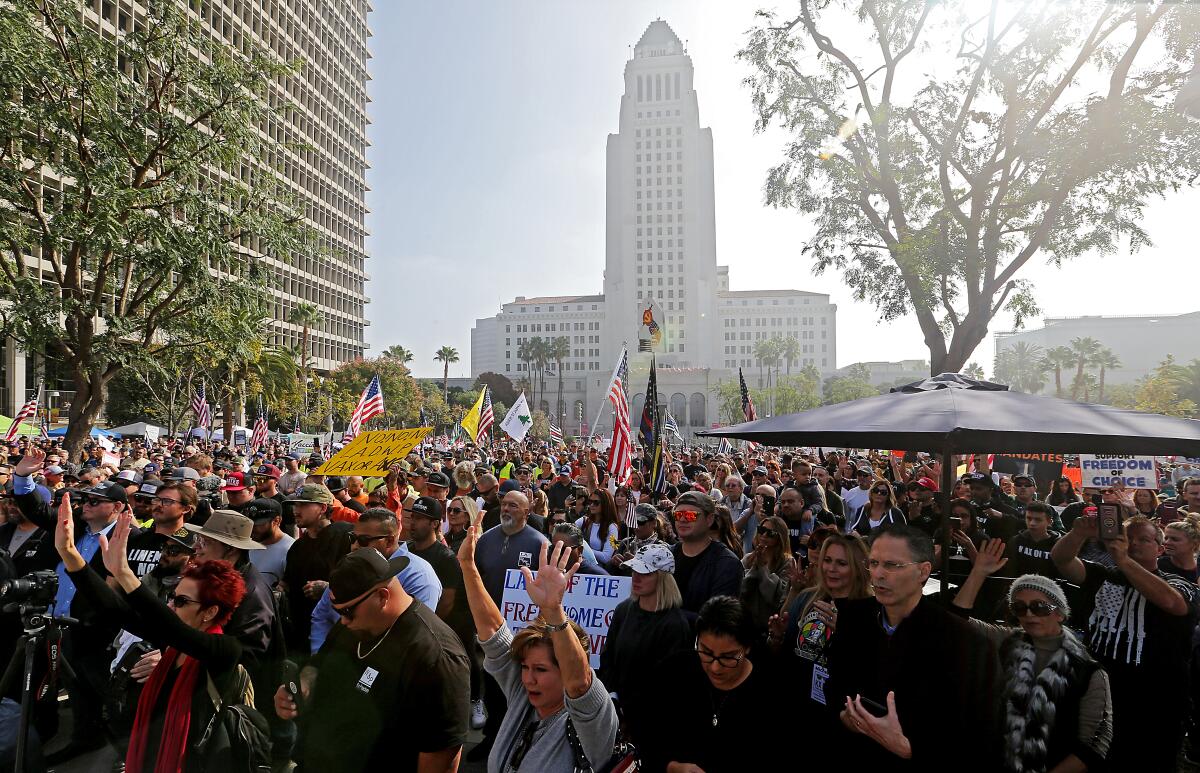 Hundreds of people opposed to vaccination mandates protest at Grand Park in downtown Los Angeles on Nov. 8. 