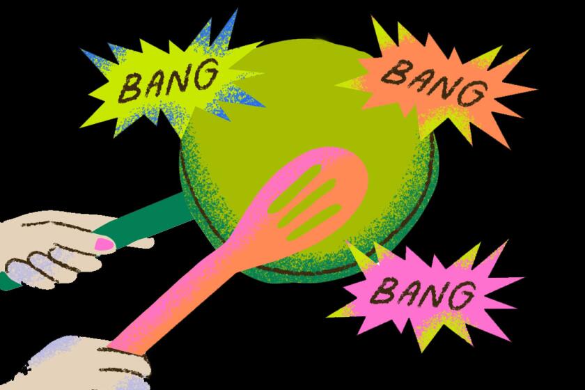 hands hitting a pot with word bubbles "bang" 