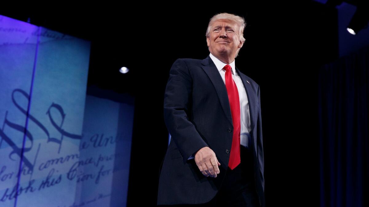 President Donald Trump arrives to speak at the Conservative Political Action Conference (CPAC) in Oxon Hill, Md. on Feb. 24.