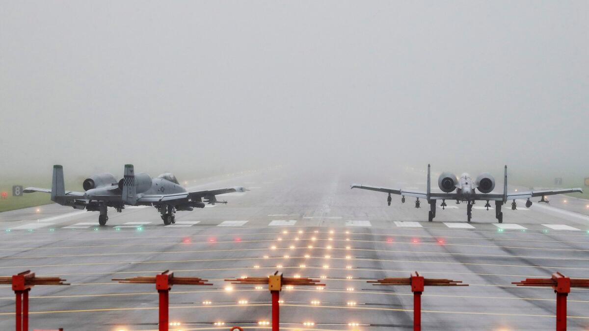 U.S. Air Force A-10 attack aircraft wait to take off from Osan U.S. Air Base in Pyeongtaek, South Korea, on Aug. 10, 2017.