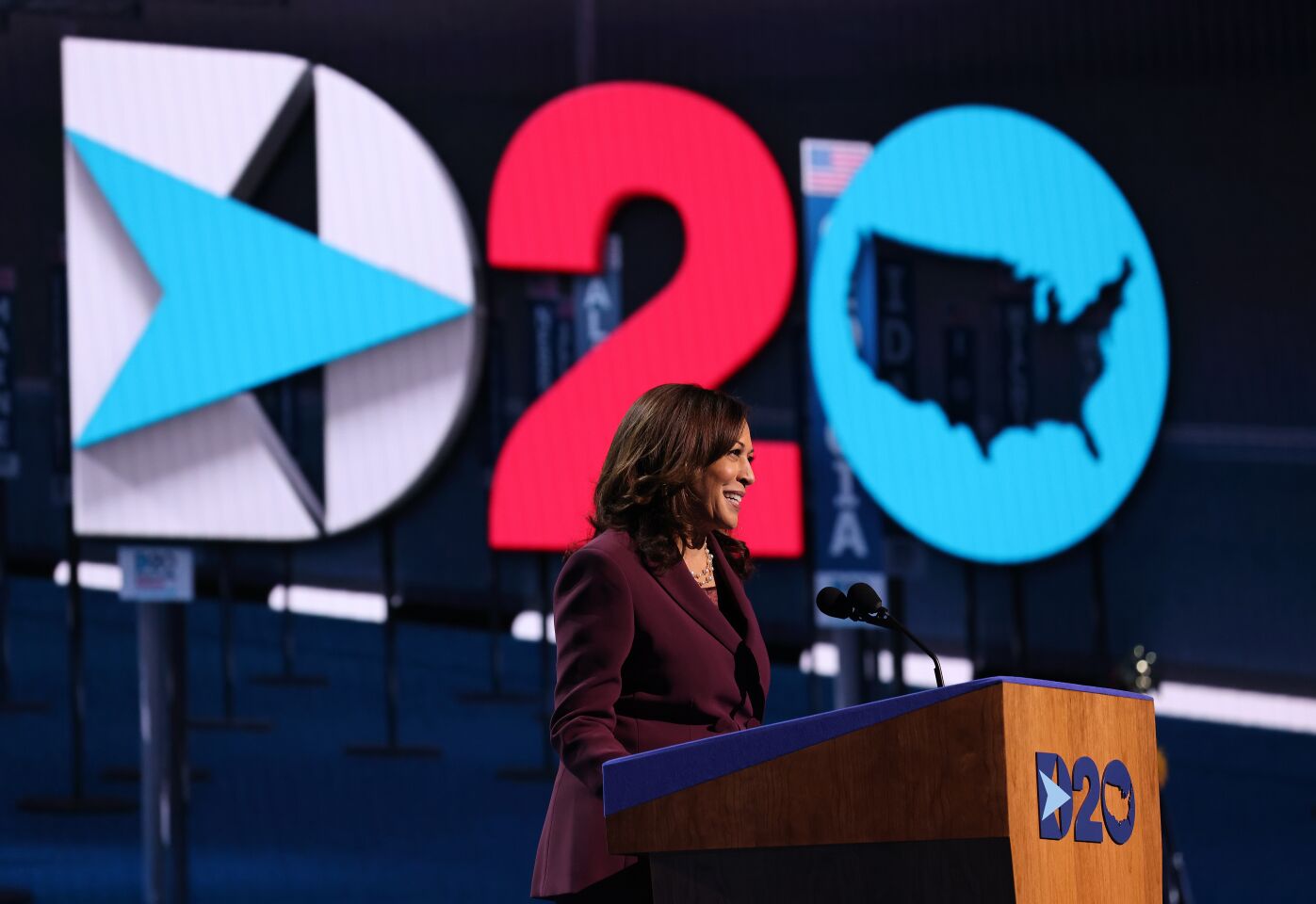 Democratic vice presidential nominee Kamala Harris addresses the convention.