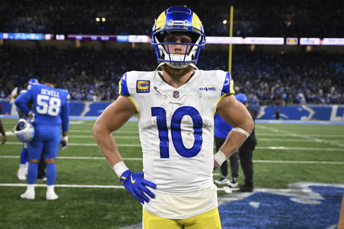 Rams wide receiver Cooper Kupp stands on the field after a loss to the Lions.