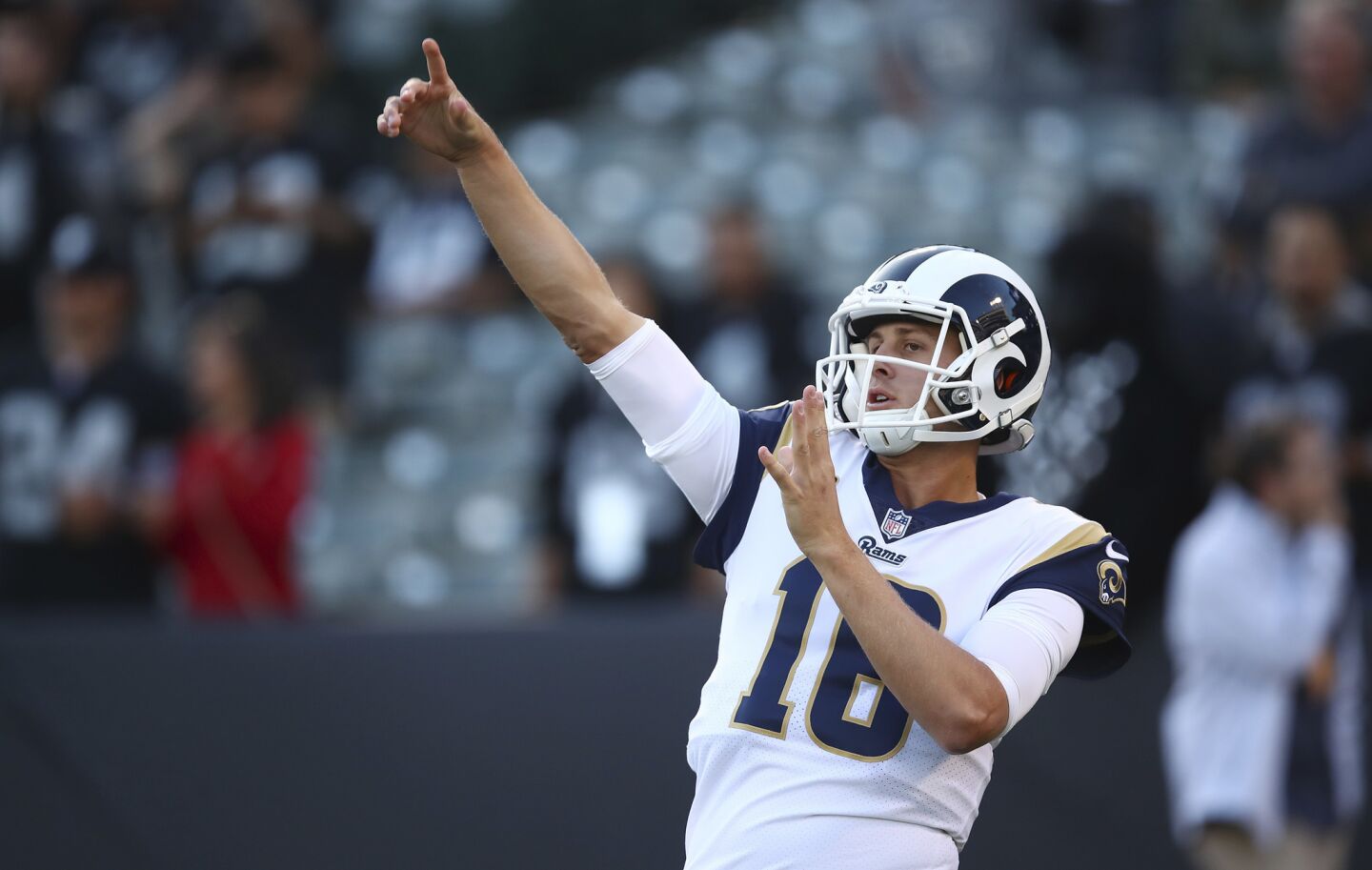 Los Angeles Rams quarterback Jared Goff warms up before an NFL football game against the Oakland Raiders in Oakland, Calif., Monday, Sept. 10, 2018. (AP Photo/Ben Margot)