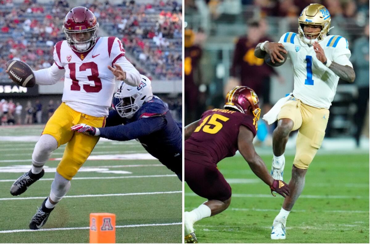 Split shot of USC quarterback Caleb Williams and UCLA quarterback Dorian Thompson-Robinson.