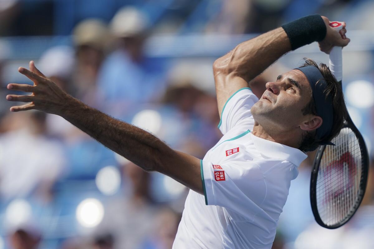 Roger Federer struggled with his serve Thursday during a two-set loss to Andrey Rublev in Mason, Ohio.