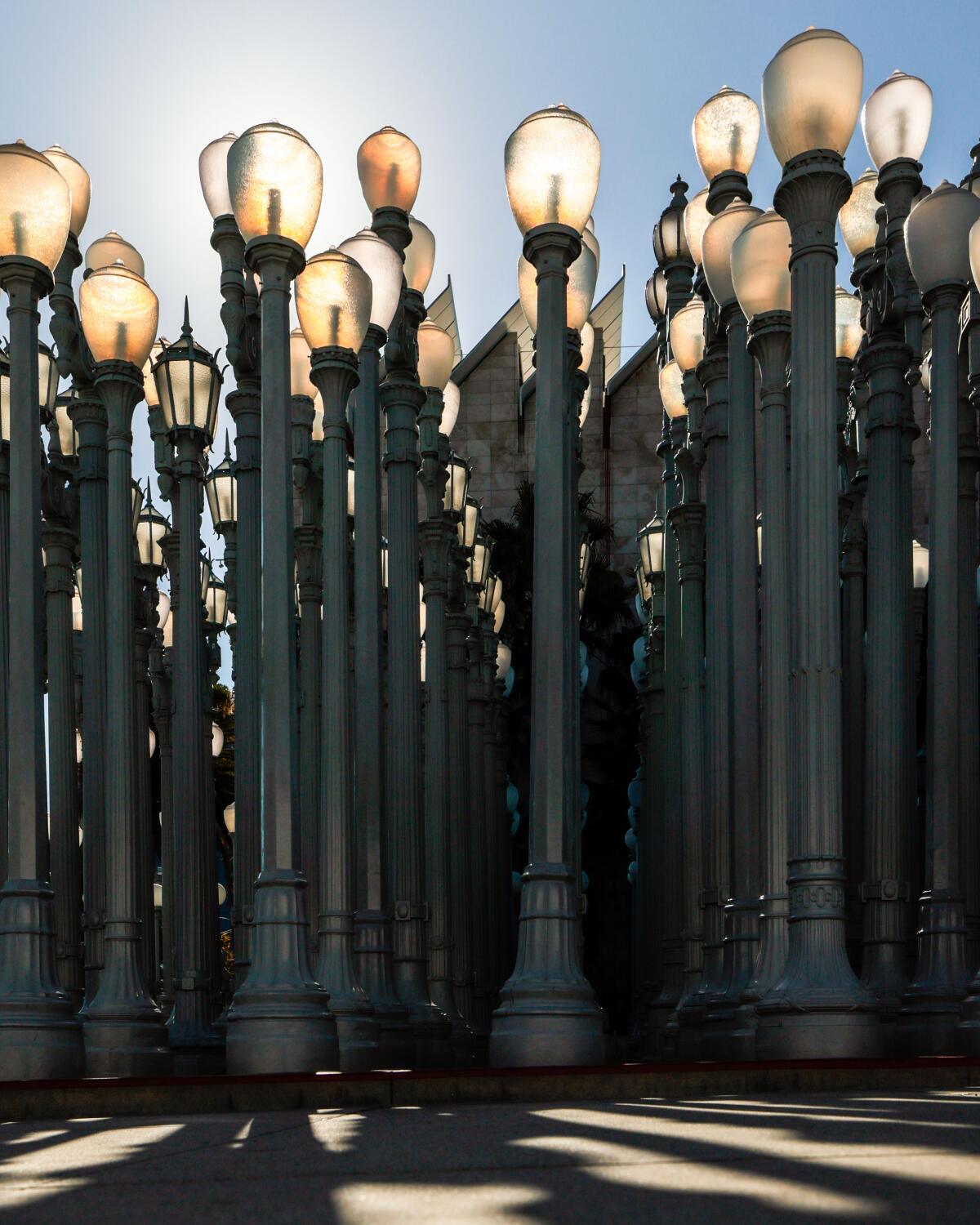 A collection of street lamps is a work of art at the Los Angeles County Museum of Art.