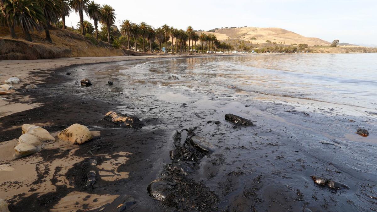 Oil washes ashore at Refugio State Beach on May 19, 2015, after an underground pipeline ruptured.