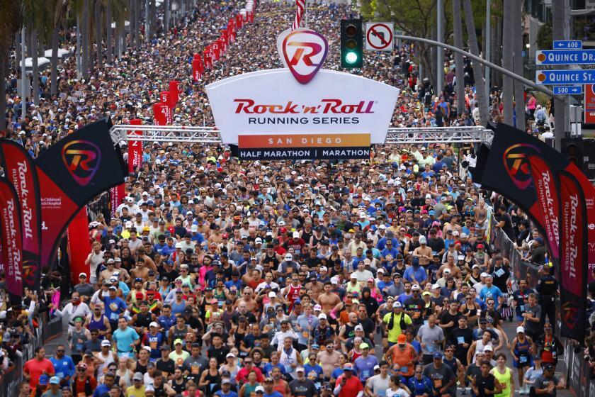 San Diego, CA - June 2: Runners start the Rock 'n' Roll Running Series Marathon and Half Marathon on Sixth Ave. along Balboa Park on Sunday, June 2, 2024. (K.C. Alfred / The San Diego Union-Tribune)