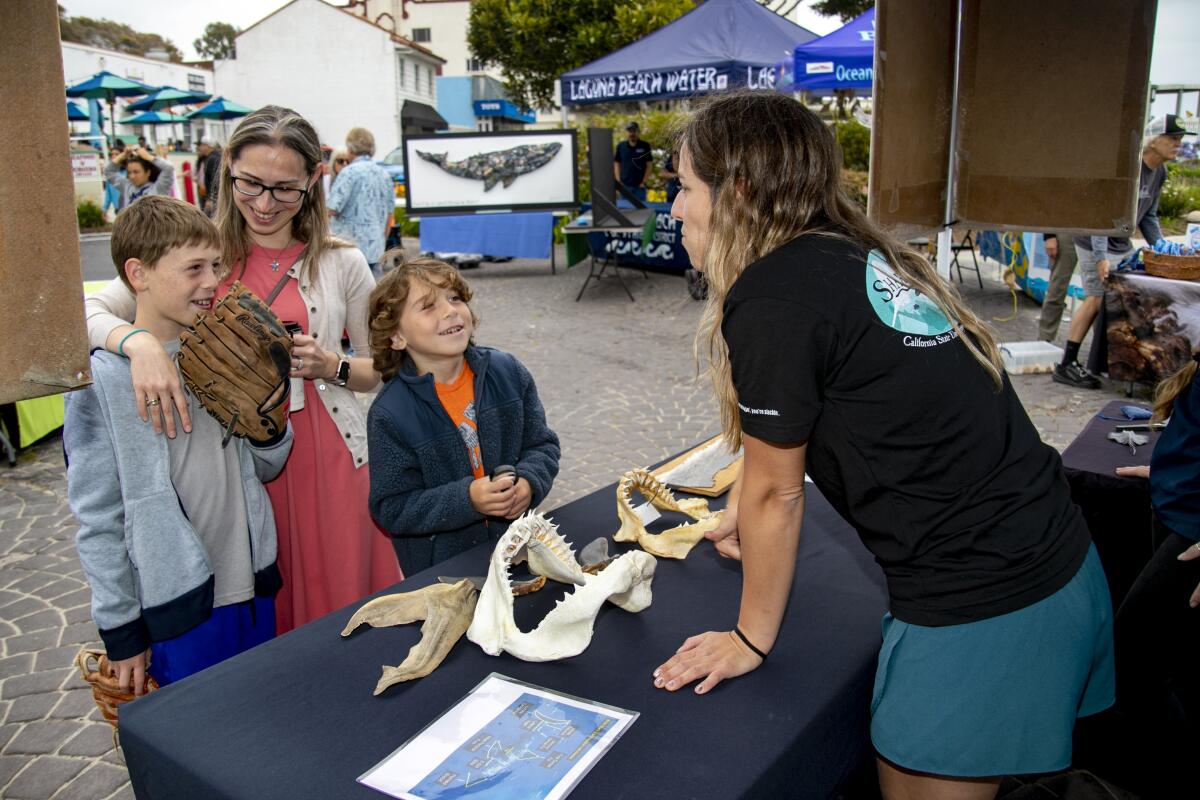 A family has fun discussing shark jaws with a team member at the Shark Shack on Saturday at KelpFest in Laguna Beach.